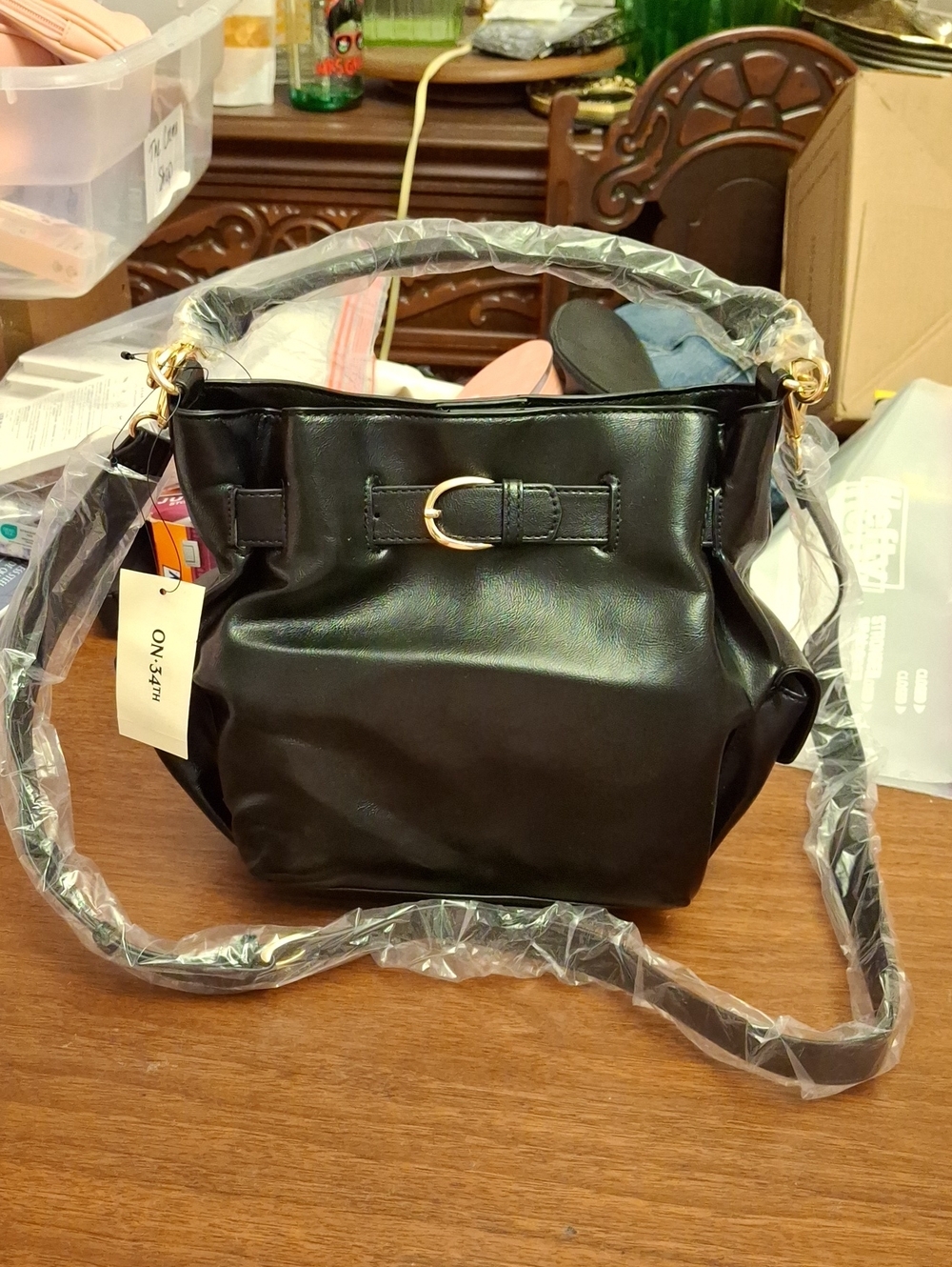 On 34th Black Pleather Handle Or Shoulder Bag Gold Hardware & Buckle Accent NWT
